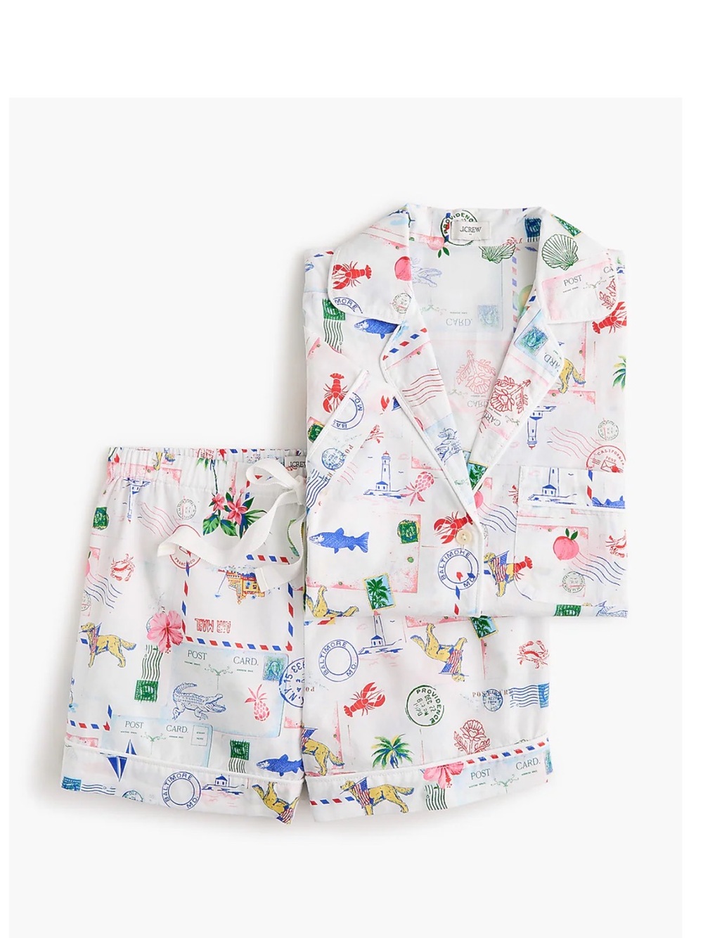 NWT J. Crew White Multicolor Postcard-Print Pajama Set